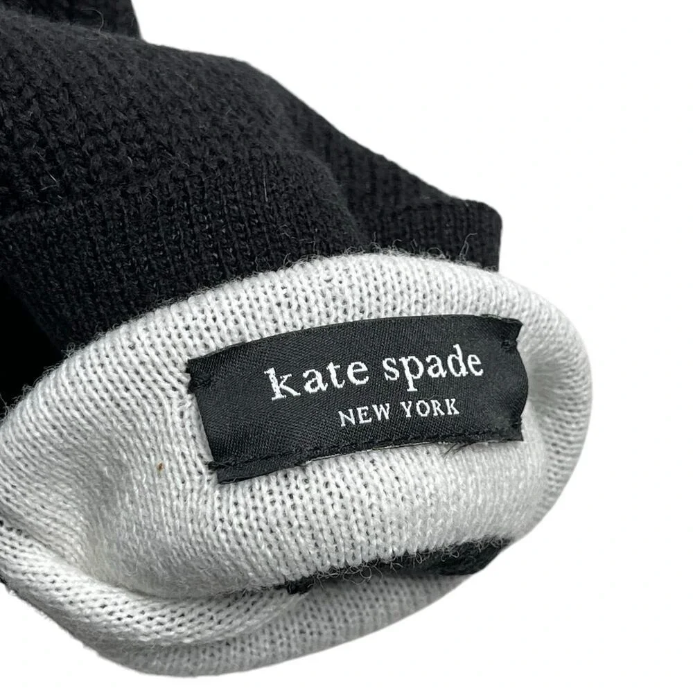 Kate Spade New York Beanie Hat +‎ Gloves Black White Oversized Spade Wool Blend